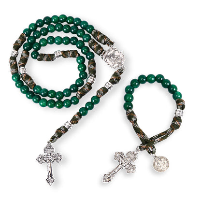 Green Agate One Decade Rosary Beads Paracord Set St. Michael Necklace & St. Benedict 22" (Copy)