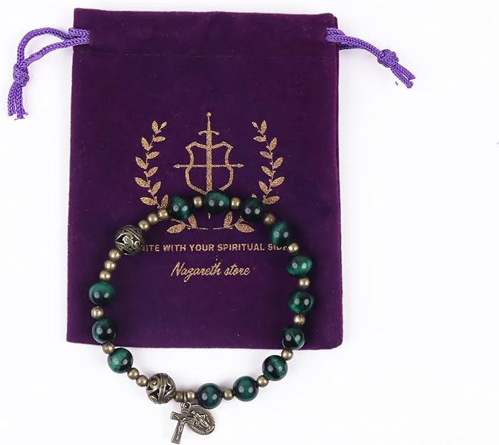 Green Tiger Eye Rosary Bracelet with Metal Separators Miraculous Medal and Cross Nazareth Store