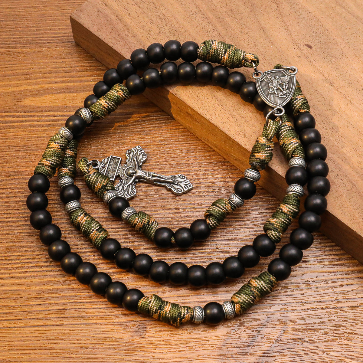  Men's Black Beaded Antique Green & Brown Paracord Rosary Necklace with Silver St. Michael Medal & Pardon Crucifix