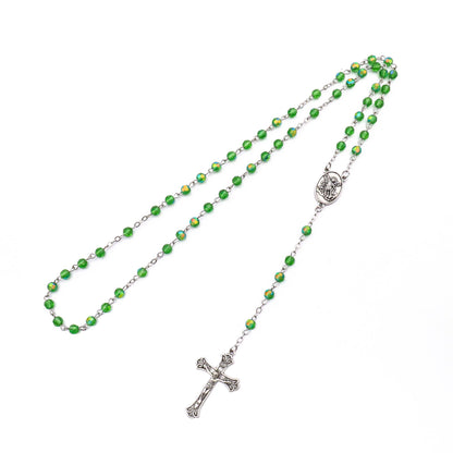 Green Crystallized Glass Beads Rosary Necklace with St. Michael Medal & Crucifix Handmade Christian Prayer Beads for Men & Women Catholic Religious Gift