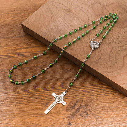 Green Crystallized Glass Beads Rosary Necklace with St Benedict Medal & Crucifix Handmade Christian Prayer Beads for Men & Women Catholic Religious Gift