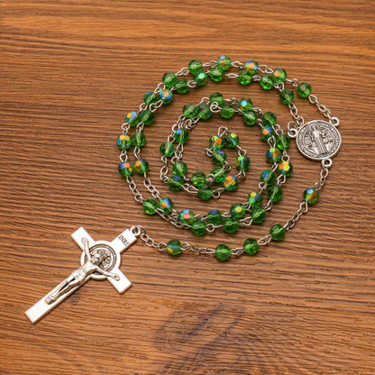 Green Crystallized Glass Beads Rosary Necklace with St Benedict Medal & Crucifix Handmade Christian Prayer Beads for Men & Women Catholic Religious Gift