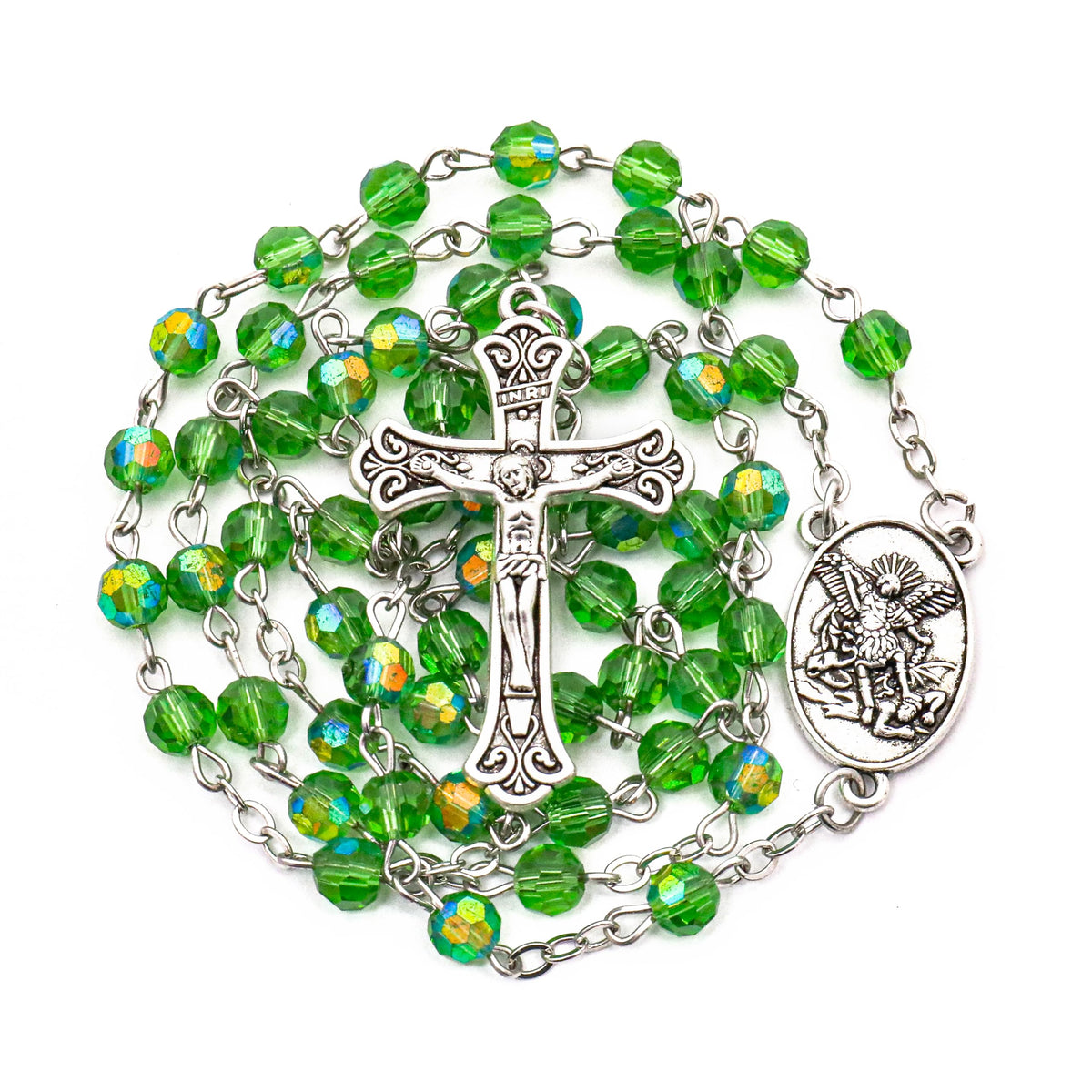 Green Crystallized Glass Beads Rosary Necklace with St. Michael Medal & Crucifix Handmade Christian Prayer Beads for Men & Women Catholic Religious Gift