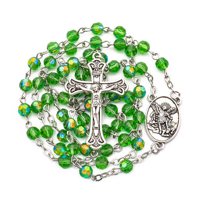 Green Crystallized Glass Beads Rosary Necklace with St. Michael Medal & Crucifix Handmade Christian Prayer Beads for Men & Women Catholic Religious Gift