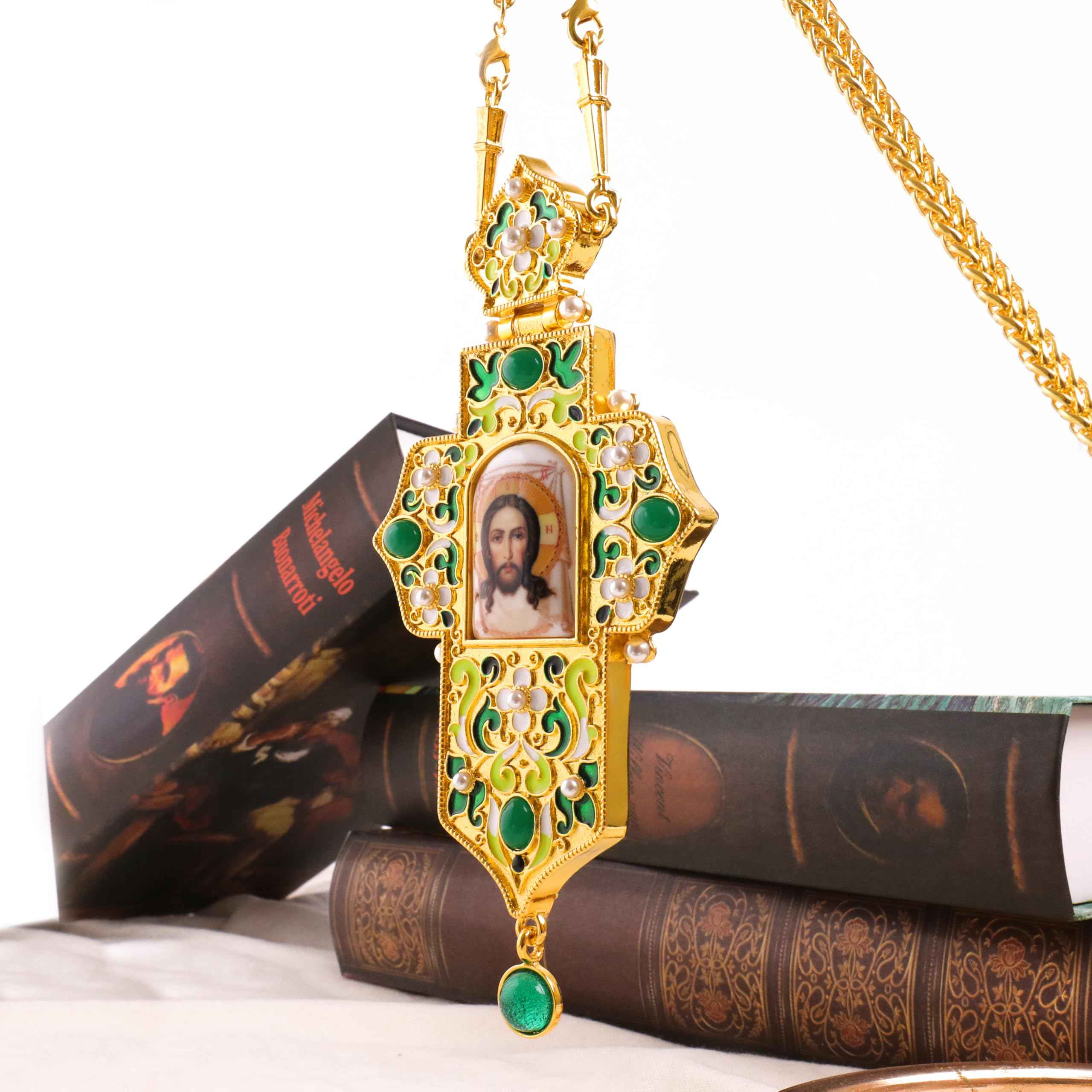 Green Enamel Orthodox Cross Pendant Gold Plated Crucifix Necklace