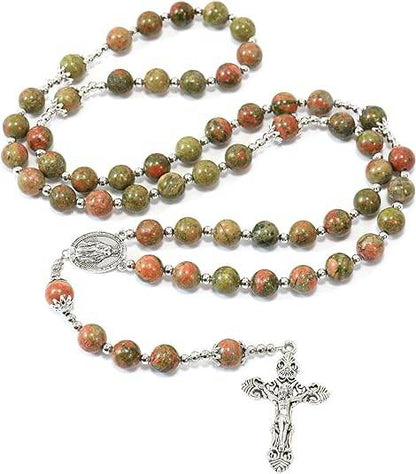 Natural Agate Green Flower Beads Rosary Necklace with Silver Miraculous Medal with Cross - Nazareth Store