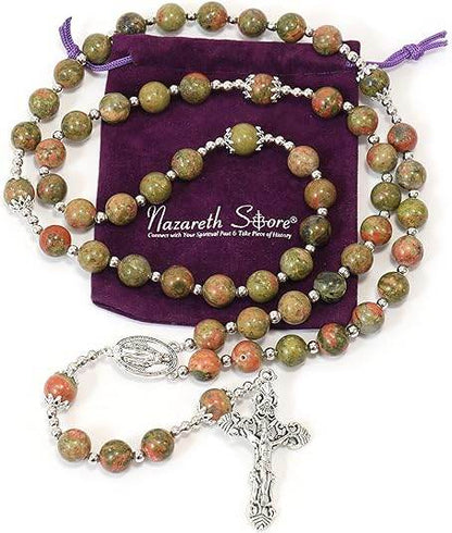 Natural Agate Green Flower Beads Rosary Necklace with Silver Miraculous Medal with Cross - Nazareth Store