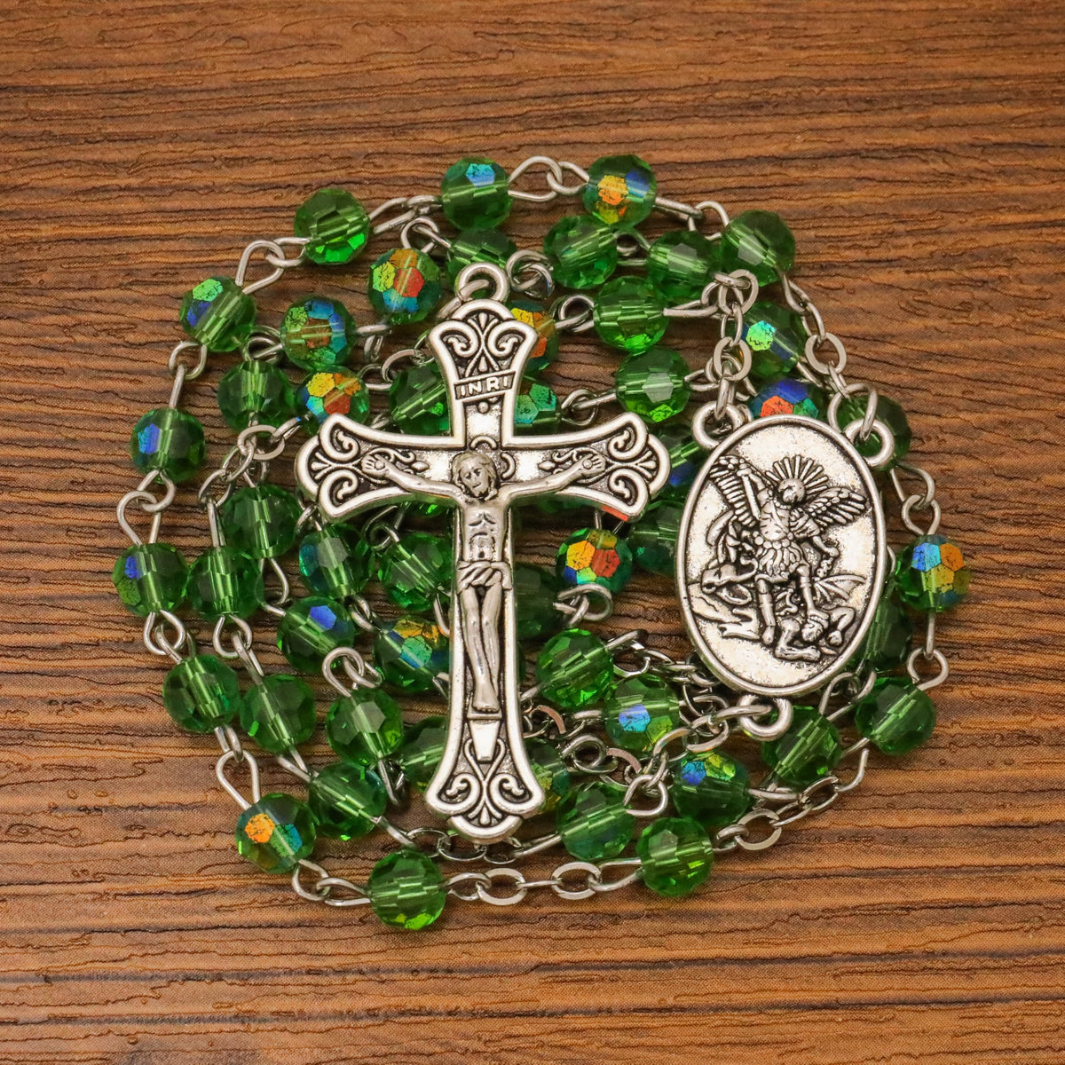 Green Crystallized Glass Beads Rosary Necklace with St. Michael Medal & Crucifix Handmade Christian Prayer Beads for Men & Women Catholic Religious Gift