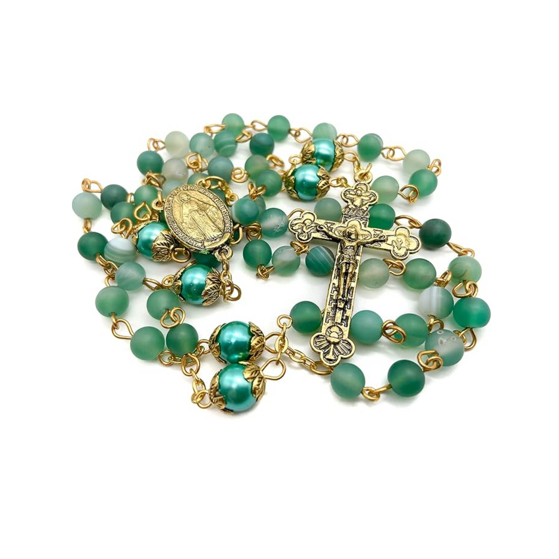 Green Matte Beads Rosary Necklace Catholic Miraculous Medal & Cross Crucifix Nazareth Store
