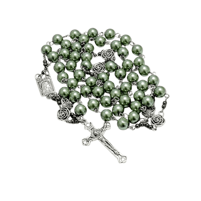 Green Pearl Beads Rosary Metal Mystery Roses with Hematite Stone Necklace - Nazareth Store