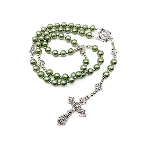 Green Pearl Rosary Necklace with Miraculous Medal & Cross Crucifix Catholic Prayer Beads - Nazareth Store