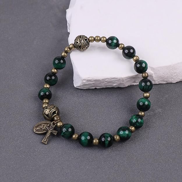 Green Tiger Eye Rosary Bracelet with Metal Separators Miraculous Medal and Cross Nazareth Store