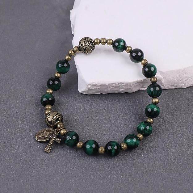 Green Tiger Eye Rosary Bracelet with Metal Separators Miraculous Medal and Cross - Nazareth Store