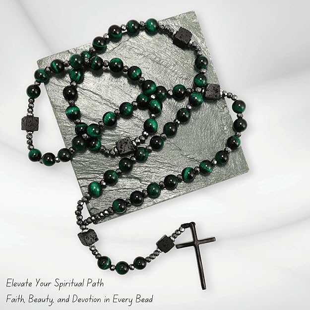 Green Tiger Eye & Lava Stone 9mm Beads Rosary Necklace with Black Alloy Cross Nazareth Store