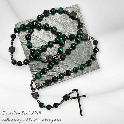 Green Tiger Eye & Lava Stone 9mm Beads Rosary Necklace with Black Alloy Cross - Nazareth Store