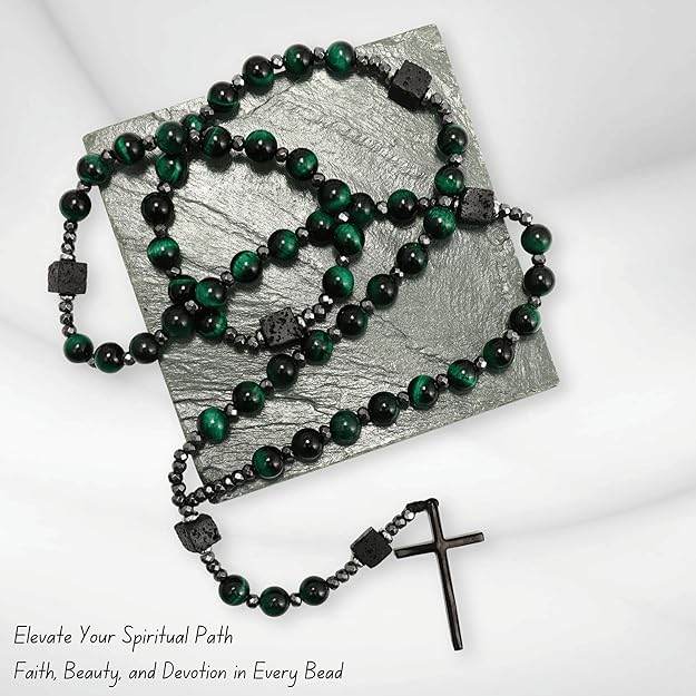 Green Tiger Eye & Lava Stone 9mm Beads Rosary Necklace with Black Alloy Cross - Nazareth Store