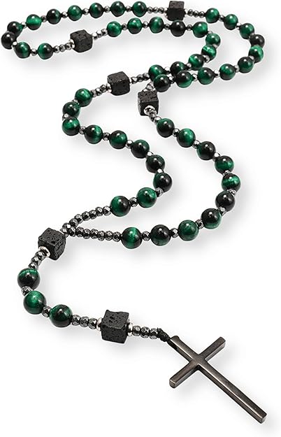 Green Tiger Eye & Lava Stone 9mm Beads Rosary Necklace with Black Alloy Cross Nazareth Store