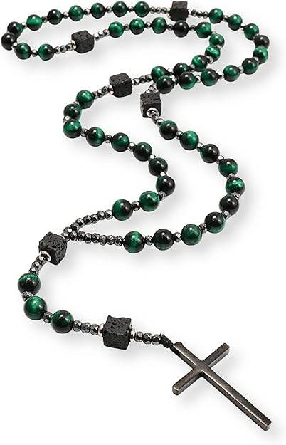 Green Tiger Eye & Lava Stone 9mm Beads Rosary Necklace with Black Alloy Cross - Nazareth Store