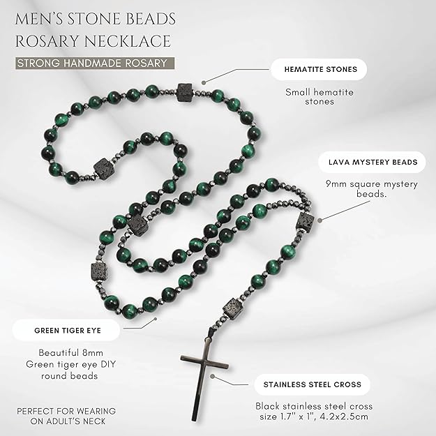 Green Tiger Eye & Lava Stone 9mm Beads Rosary Necklace with Black Alloy Cross Nazareth Store