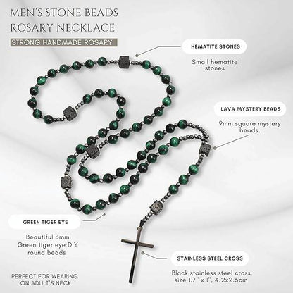 Green Tiger Eye & Lava Stone 9mm Beads Rosary Necklace with Black Alloy Cross - Nazareth Store