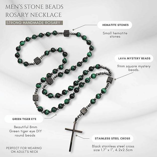 Green Tiger Eye & Lava Stone 9mm Beads Rosary Necklace with Black Alloy Cross - Nazareth Store