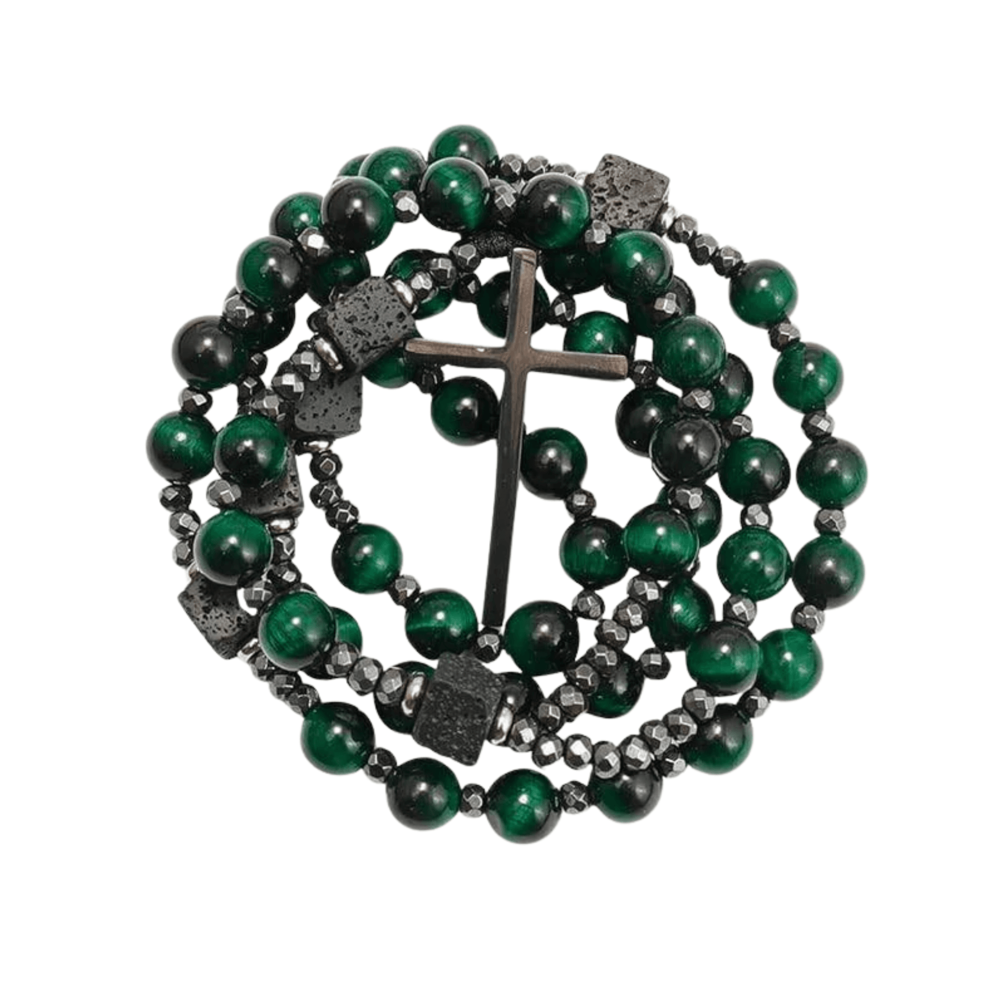 Green Tiger Eye & Lava Stone 9mm Beads Rosary Necklace with Black Alloy Cross - Nazareth Store