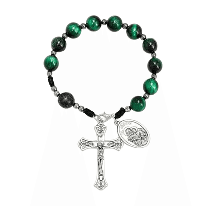 Green Tiger Eye One Decade Car Rosary St. Joseph Medal & Jesus Cross - Nazareth Store