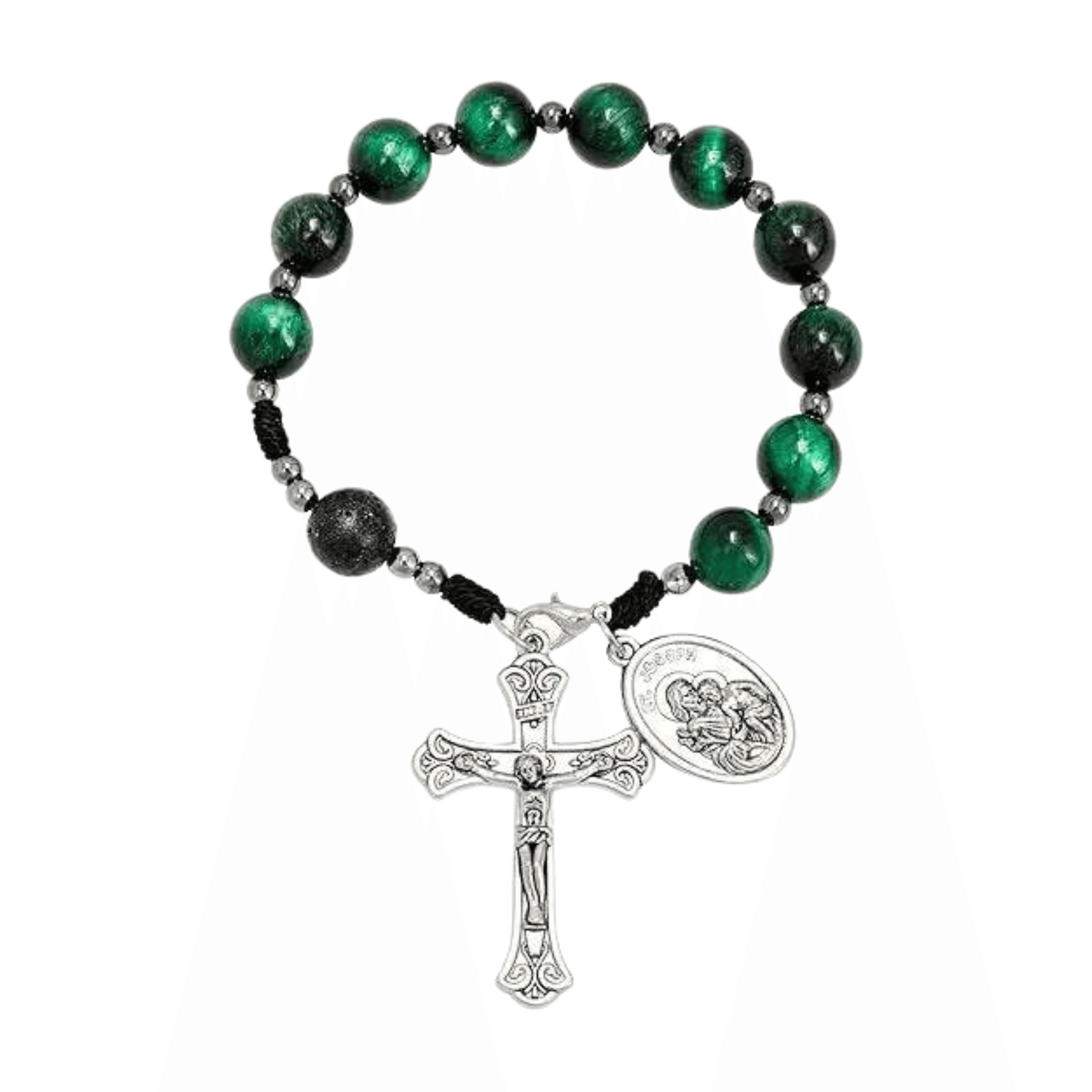 Green Tiger Eye One Decade Car Rosary St. Joseph Medal & Jesus Cross - Nazareth Store