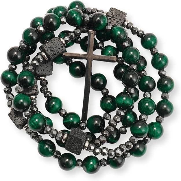 Green Tiger Eye & Lava Stone 9mm Beads Rosary Necklace with Black Alloy Cross - Nazareth Store