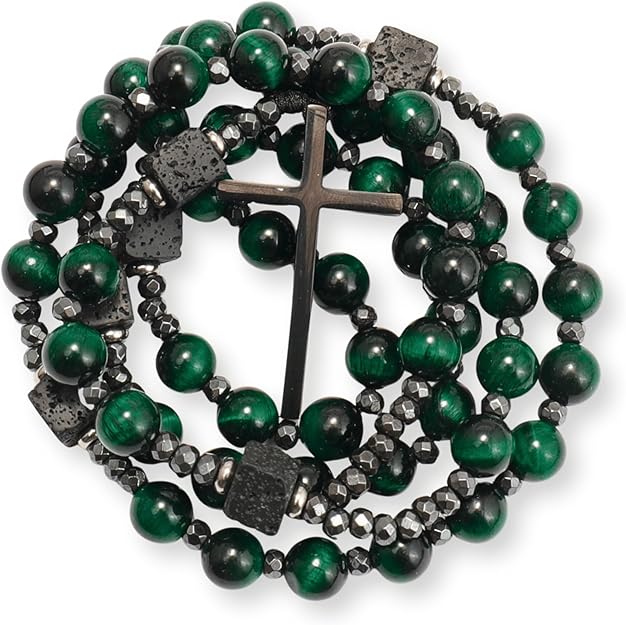 Green Tiger Eye & Lava Stone 9mm Beads Rosary Necklace with Black Alloy Cross Nazareth Store