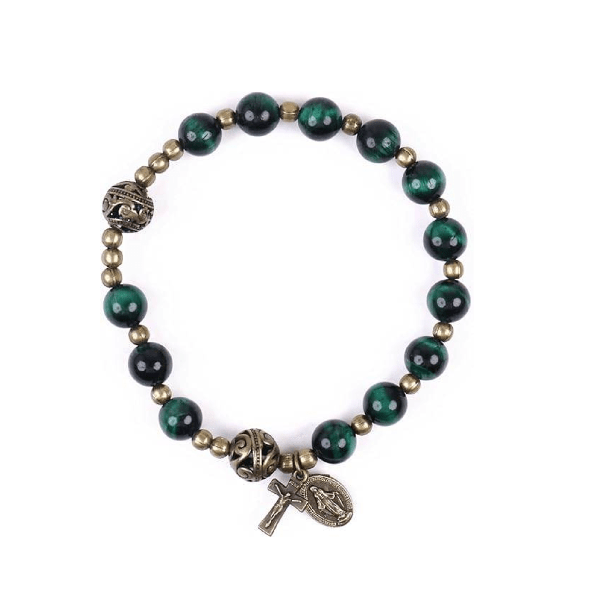 Green Tiger Eye Rosary Bracelet with Metal Separators Miraculous Medal and Cross - Nazareth Store