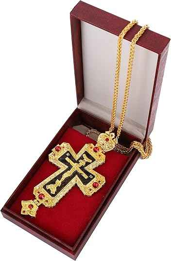 18K Gold Plated Grey Glaze Pectoral Cross Pendant Red Zircon Crucifix Necklace