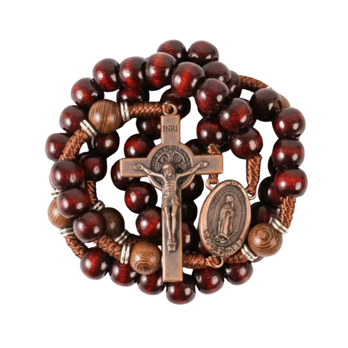 Rosario Sagrado de Madera San Benito Madera Maciza y Cuentas de Metal Coronilla Católica 20"