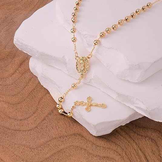 18K Gold Bronze Rosary Necklace Our Lady of Guadalupe & Crucifix with 4mm Prayer Beads (Copy)