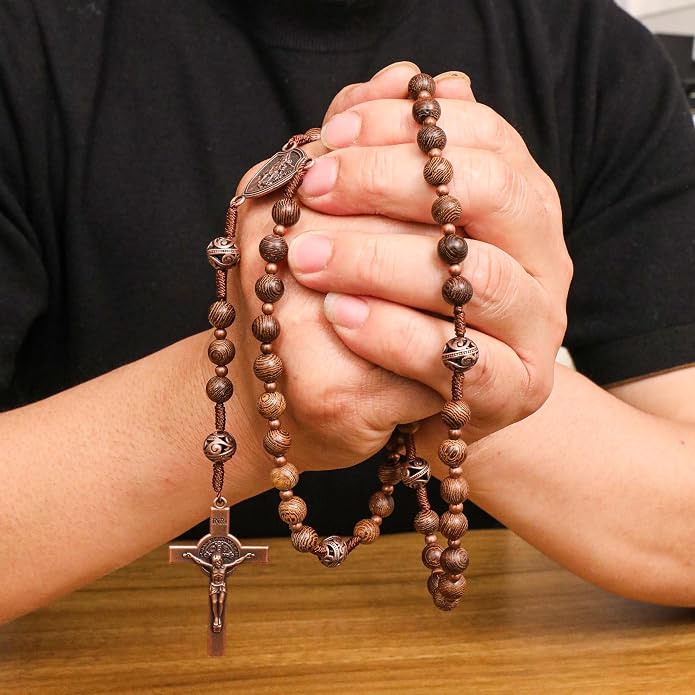 Olive Wood Rosary Necklace Metal Glory Beads with St. Michael Medal & Cross Crucifix - Nazareth Store 