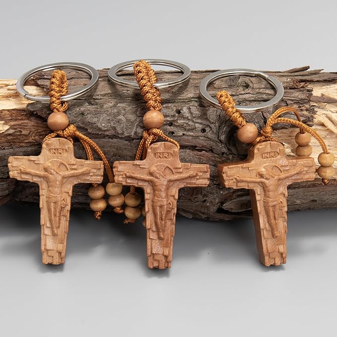 3pcs Wooden Crucifix Keychain Set Hand-Carved Peach Wood with Beaded Rope Nazareth Store

