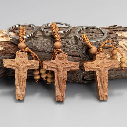 3pcs Wooden Crucifix Keychain Set Hand-Carved Peach Wood with Beaded Rope - Nazareth Store