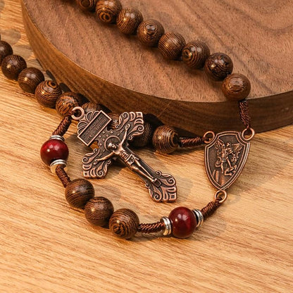 Handmade Wooden Beads Rosary Necklace with Saint Michael Medal & Crucifix Religious Gift - Nazareth Store 