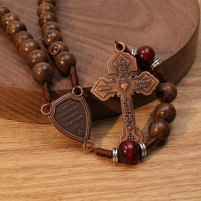 Handmade Wooden Beads Rosary Necklace with St. Joseph Medal & Crucifix Religious Gift - Nazareth Store 
