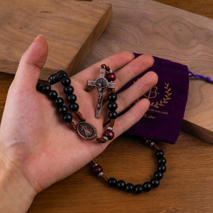 Handmade Solid Wood Catholic Rosary Beads Black & Dark Red Wood Mystery Beads Prayer Necklace with Antique Copper Guadalupe Medal & Crucifix 