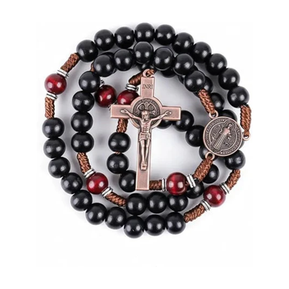 10mm black and 10mm black & dark red wood mystery beads, this rosary offers a bold, strong design that’s perfect for men. The natural wood grains and deep colors enhance the rosary’s powerful, masculine presence.