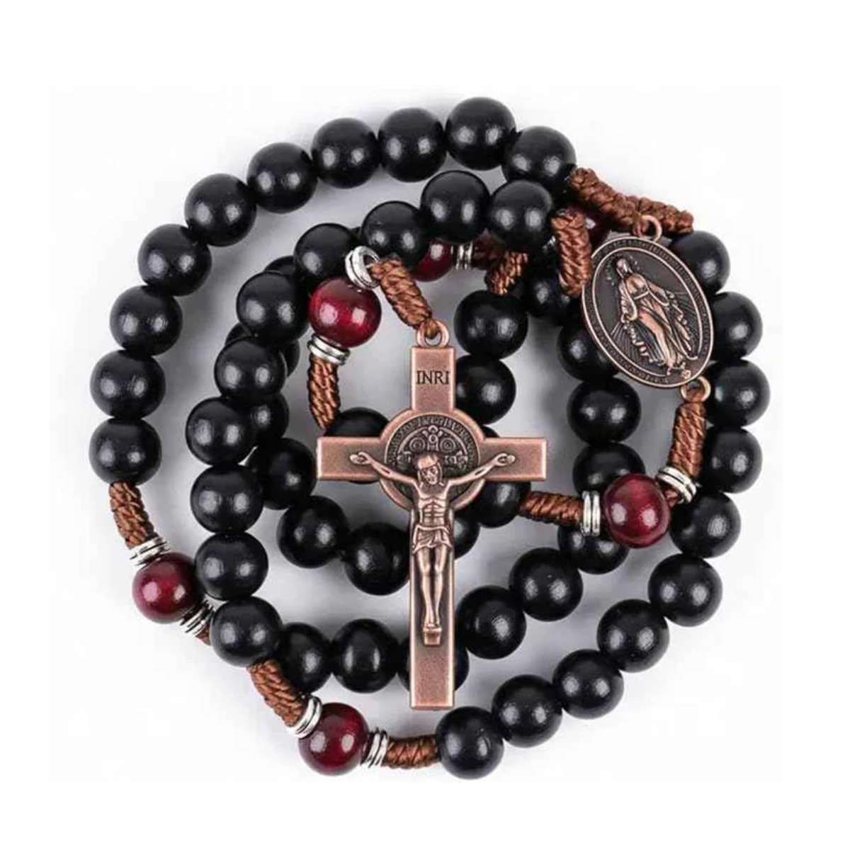 10mm black and 10mm black & dark red wood mystery beads, this rosary offers a bold, strong design that’s perfect for men.