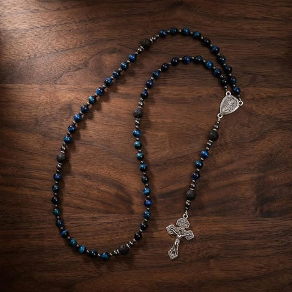 Blue Tiger Eye Rosary Necklace Lava Stone Prayer Beads with Our Father Medal & Crucifix - Nazareth Store 