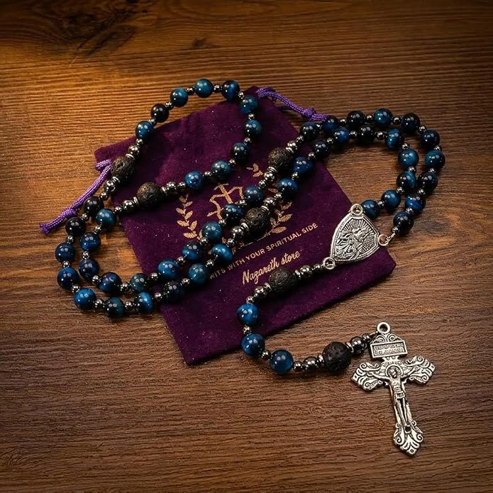 Blue Tiger Eye Rosary Necklace Lava Stone Prayer Beads with Our Father Medal & Crucifix - Nazareth Store 
