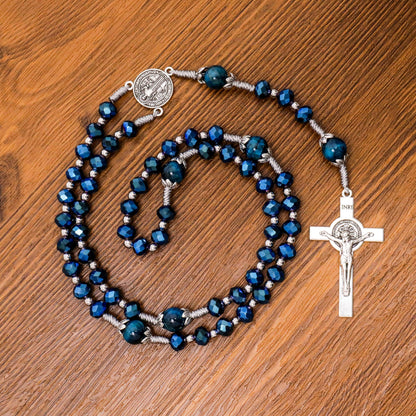 Blue Crystal Rosary Necklace with Tiger Eye Mystery Beads Silver-Plated St Benedict Medal & INRI Crucifix Handmade Catholic Prayer Beads Gift for Women & Men