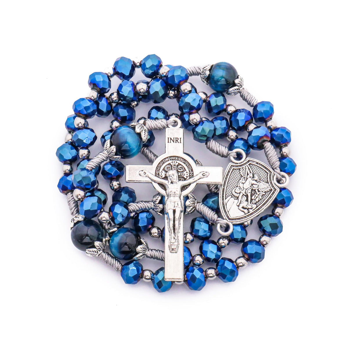 St Michael Blue Crystal Rosary Necklace with Tiger Eye Mystery Beads