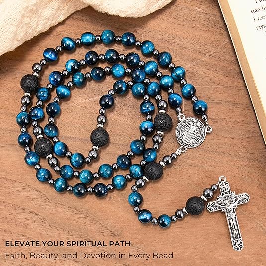 Men's Blue Tiger Eye Rosary with Lava Beads St. Benedict Medal & Cross Nazareth Store
