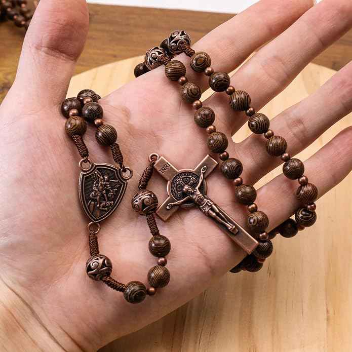 Olive Wood Rosary Necklace Metal Glory Beads with St. Michael Medal & Cross Crucifix