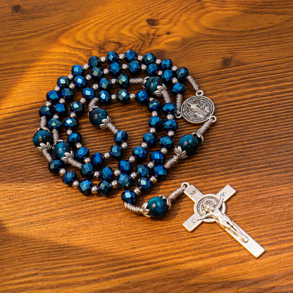 Blue Crystal Rosary Necklace with Tiger Eye Mystery Beads Silver-Plated St Benedict Medal & INRI Crucifix Handmade Catholic Prayer Beads Gift for Women & Men