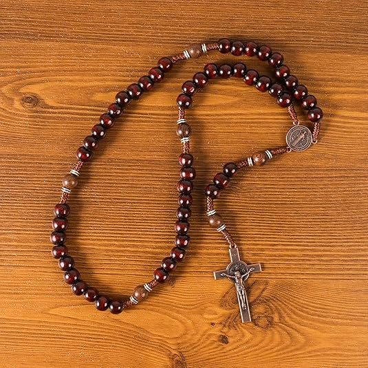 10mm dark red and 10mm Olive wood mystery beads, this rosary offers a bold, strong design that’s perfect for men.